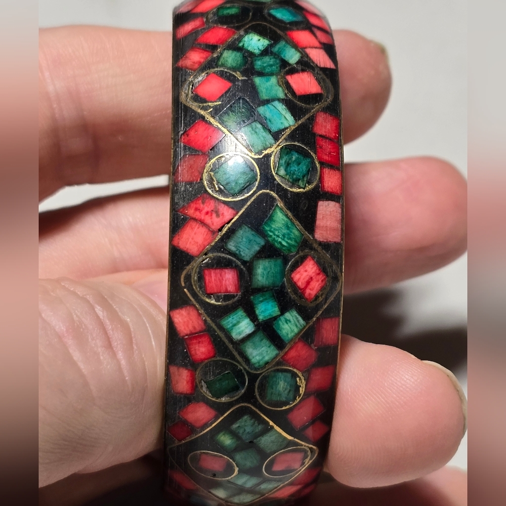 Vtg Mosaic Inlay Tibetan Brass Bangle 1in Wide Lot 5